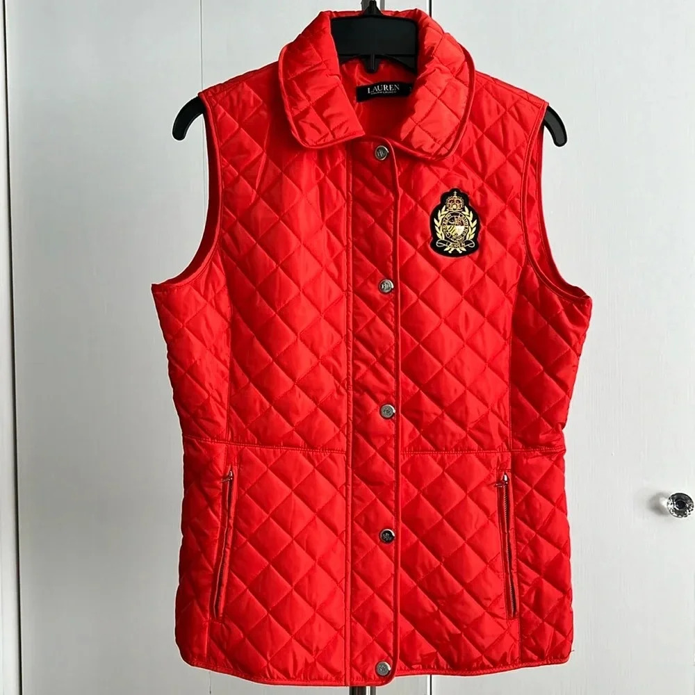 Ralph Lauren Quilted Embroidered Crest Patch Vest Zip Snap Lined Orange Sz S NWT - Picture 5 of 16